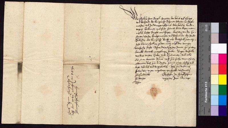 Zdislaus Berka von Duba auf Böhmisch Leipa und Reichstadt (Zdyslaus herr Bergk, herre von der Daub uff Leippe und Reichstadt), Landvogt des Markgraftums Oberlausitz, bestätigt dem Bürgermeister und Rat der Stadt Bautzen den Empfang von 22 1/2 Schock Groschen an königlicher Jahrrente, die zu Michaelis 1548 zu entrichten war. | Digitalisierung: Stadtarchiv Bautzen