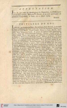 Approbation / Privilege du Roi