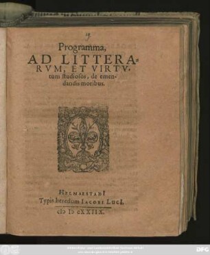 Programma, Ad Litterarum, Et Virtutum studiosos, de emendandis moribus