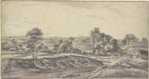 Unter Bäumen zerstreutes Dorf, rechts die Kirche, weite Ferne mit hügeligen Feldern