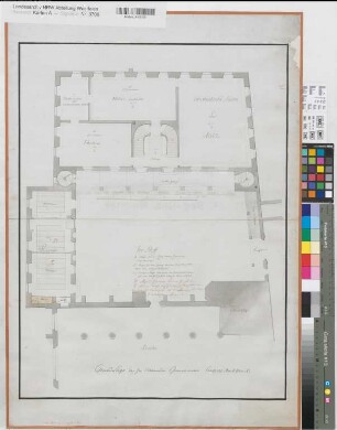 Münster (Münster) Gymnasium Paulinum Grundriß unteres Stockwerk Grundlage des zu erbauenden Gymnasiums 1786 50 münst. Fuß = 15,2 cm 63 x 48 kol. Zeichnung KSM Nr. 1003