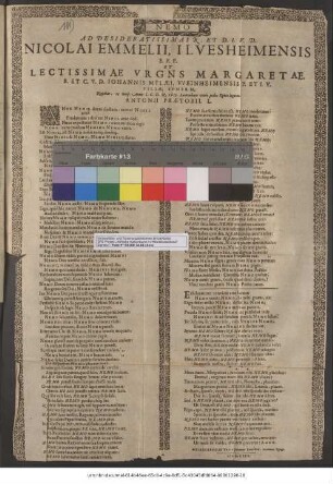 Nemo Ad Desideratissimas R. Et D. I.U.D. Nicolai Emmelii, Ilvesheimensis E.F.P. Et Lectissimae Vrgns Margaretae, R. Et. C.U.D. Johannis Mylaei, Weinheimensis P. Et I.U. Filiae, Spnsrm, Nuptias, 15. Iunii. Anno S.C.D.N. 1613. Lautenbaco venit pedes Eques legatus