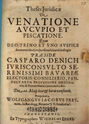 Theses iur. de venatione, aucupio et piscatione