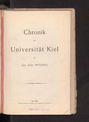 1902/1903: Chronik der Universität Kiel für das Jahr 1902/1903