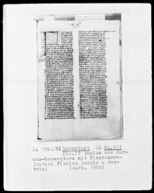 Nicolaus de Lyra, Evangelienkommentar — Initiale F(acies leonis a dextris), Folio 77recto