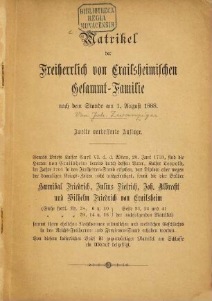 Matrikel der Freiherrlich von Crailsheimischen Gesammt-Familie nach dem Stand am 1. August 1888