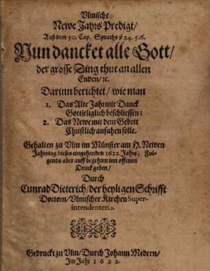 Ulmische Newe Jahrs Predigt, auß d. 50 C. Syrachs v. 24. 5. 6.