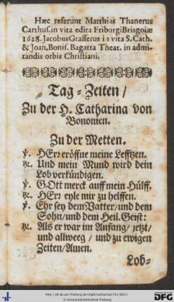 Tag-Zeiten zu der H. Catharina von Bononien.