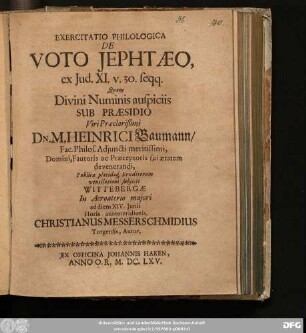 Exercitatio Philologica De Voto Jephtaeo, ex Iud. XI. v. 30. seqq.