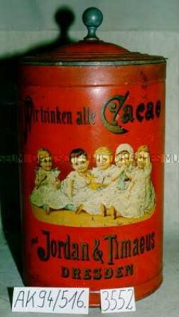 Vorrats-Blechdose mit Knauf für Kakao "Wir trinken alle Cacao von Jordan und Timaeus DRESDEN" (Abbildung: fünf sitzende Kleinkinder)