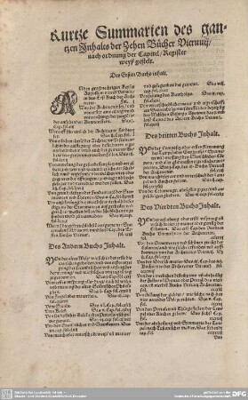 Kurtze Summarien des gantzen Inhalts der Zehen Bücher Vitruvii/nach ordnung der Capitel/Register weyß gestelt.