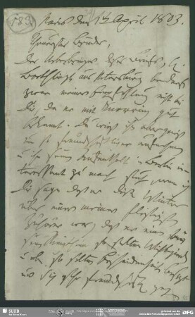 Eigenh. Brief von Friedrich von Schlegel an August Wilhelm von Schlegel, Paris, 01.04.1803