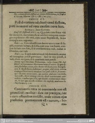 Thesis CII. Continentia vera ac omnimoda non est promiscue omnibus data aut praecepta, [...]