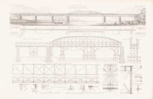Moselbrücke, Eller: Grundriss, Ansicht, Schnitte, Details (aus: Atlas zur Zeitschrift für Bauwesen, hrsg. v. L.v.Tiedemann, Jg. 33, 1883)