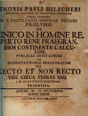 Prolusio de unico in homine reperto rene, praegrandem continente calculum