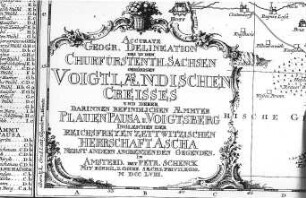 Inschriftkartusche, Ausschnitt aus: Geographische Delineation des Voigtländischen Creisses, Schenk, 1758 (Sign.: VII 106)