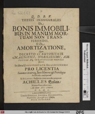 Theses Inaugurales De Bonis Immobilibus In Manum Mortuam Non Transferendis, Et De Amortizatione
