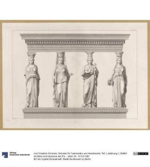 Vorbilder für Fabrikanten und Handwerker. Teil 1, Abteilung 1, Blatt 6: Architrav und Gesimse des Pandroseion mit vier Karyatiden verschiedener antiker Bauwerke