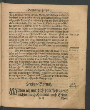Leichen-Spruch. [...]enthalten in dem 25. und 26. Versicul des LXXIIIsten Psalms/ und lautet in unser Mutter-Sprache übersetzet also: