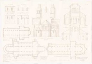 Sankt Godehard Hildesheim / Stiftskirche Hamersleben: Ansichten, Grundriss, Schnitte (aus: Altchristl. u. roman. Baukunst, hrsg. v. Zeichenaussch. d. Stud. d. TH Berlin, 1875)