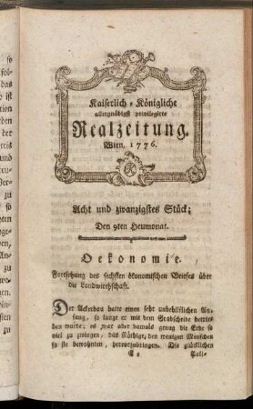 Acht und zwanzigstes Stück; Den 9ten Heumonat. Wien, 1776.