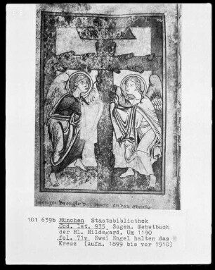 Sogenanntes Gebetbuch der heiligen Hildegard — Zwei Engel halten das Kreuz, Folio 71verso