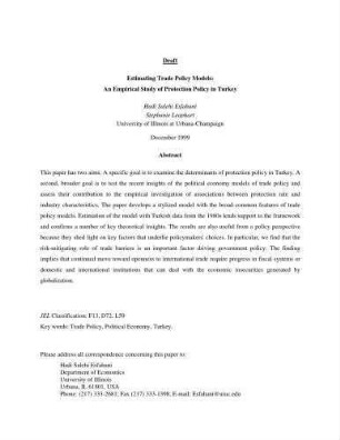 Estimating Trade Policy Models : An Empirical Study of Protection Policy in Turkey