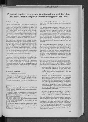 Entwicklung des Hamburger Arbeitsmarktes nach Berufen und Branchen im Vergleich zum Bundesgebiet seit 1950
