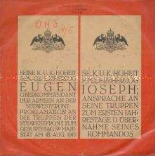 Platte mit Ansprachen der Erzherzöge Eugen und Joseph, Plattenhülle