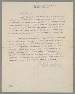 Brief von Richard Huelsenbeck an Hannah Höch. Berlin