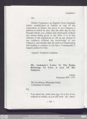 XII Mr. Gadaleta's Letter To The Pasha Refusing To Give A List Of His Subjects.