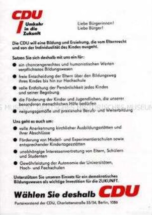 Flugblatt des CDU-Parteivorstandes Berlin zur Bildungspolitik