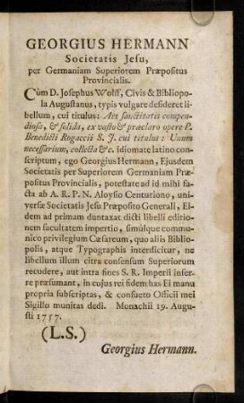 3-3, Georgius Hermann, Societatis Jesu, per Germaniam Seperiorem Praepositus Provincialis.