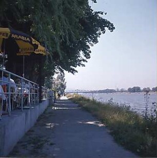Hansjakob, Gottfried; Wien - Donau (AT); Donauinsel und Donaukraftwerk Freudenau - Donauinsel, Uferweg, Ausflugslokal, Ostbahnbrücke im Hintergrund