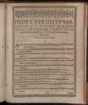 Index Rerum Et Verborum Quᴂ In Hisce Quᴂstionibus Continentur