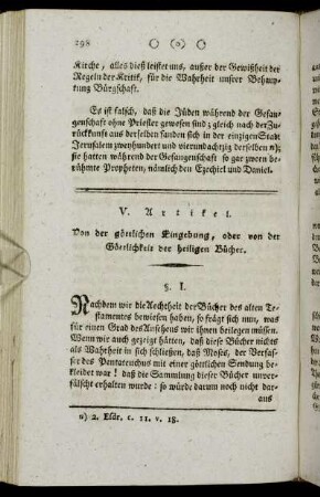 V. Artikel. Von der göttlichen Eingebung, oder von der Göttlichkeit der heiligen Bücher.