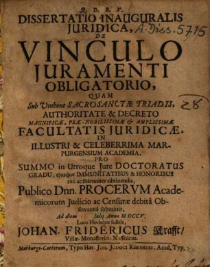 Q. D. B. V. Dissertatio Inauguralis Iuridica, De Vinculo Iuramenti Obligatorio