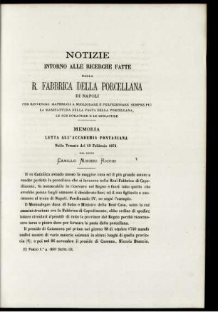 Notizie Intorno Alle Ricerche Fatte Dalla R. Fabbrica Della Porcellana Di Napoli