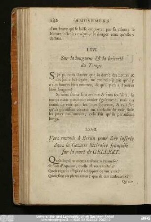 LXVII. Vers envoyés à Berlin pour être insérés dans la Gazette littéraire francoise sur la mort de Gellert.