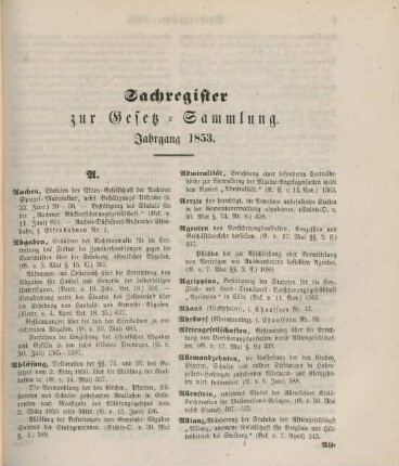 Sachregister zur Gesetz-Sammlung. Jahrgang 1853