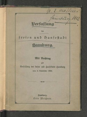 Verfassung der Freien und Hansestadt Hamburg : mit Nachtrag zur Verfassung der Freien und Hansestadt Hamburg vom 2. November 1896