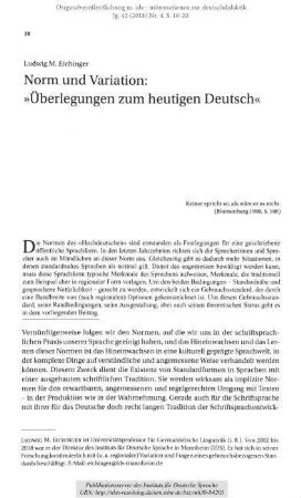 Norm und Variation: "Überlegungen zum heutigen Deutsch"