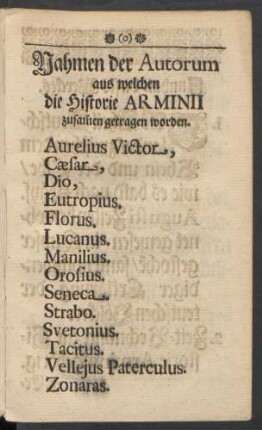 Nahmen der Autorum aus welchen die Historie ARMINII zusam[m]en getragen worden