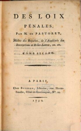 Des Loix Pénales, 2