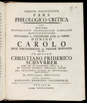 Thesium inauguralium pars philologico-critica : Tübingen, Univ., Thesen, 1781