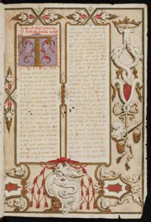 Zierseite mit Randbordüren, Wappen und Schmuckinitiale T (nachträglich ausgemalt)