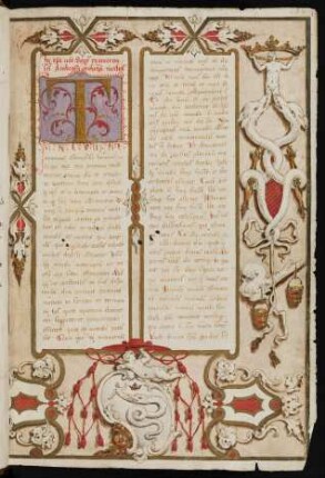 Zierseite mit Randbordüren, Wappen und Schmuckinitiale T (nachträglich ausgemalt)