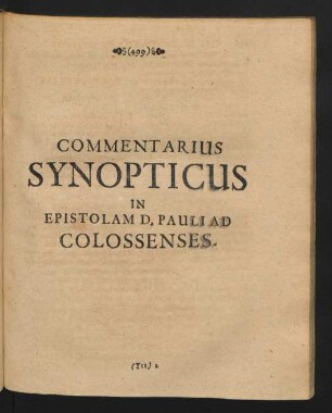 Commentarius Synopticus In Epistolam D. Pauli Ad Colossenses.