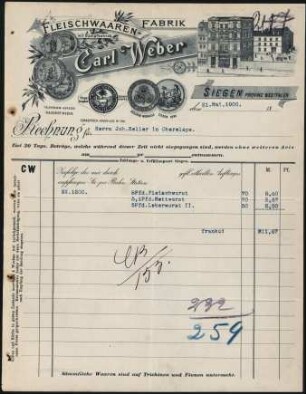 Firmenbriefkopf Weber, Carl, Fleischwaaren-Fabrik, mit Dampfbetrieb, Siegen Provinz Westfalen