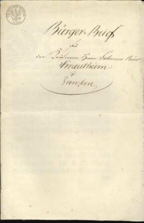 Bürgerbrief für den Kaufmann Salomon Reis Krautheim 1824